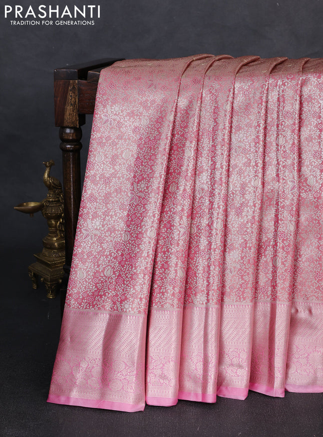 Bangalori tissue silk saree pink with allover zari woven brocade weaves and long zari woven border