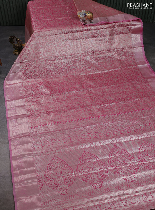 Bangalori tissue silk saree pink with allover zari woven brocade weaves and long zari woven border