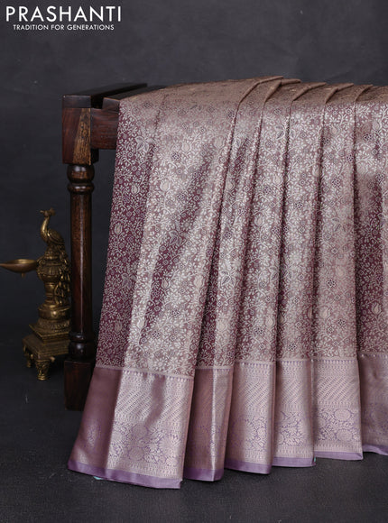Bangalori tissue silk saree wine and pastel lavender with allover zari woven brocade weaves and long zari woven border