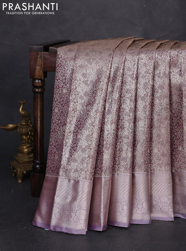 Bangalori tissue silk saree wine and pastel lavender with allover zari woven brocade weaves and long zari woven border
