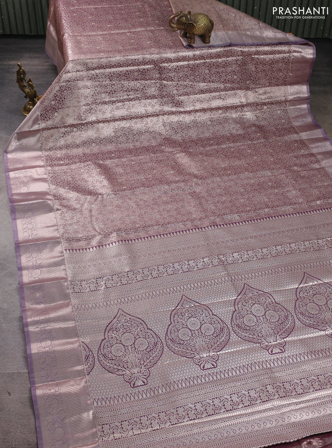Bangalori tissue silk saree wine and pastel lavender with allover zari woven brocade weaves and long zari woven border