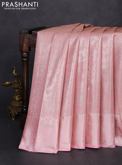 Bangalori tissue silk saree peach pink with allover zari woven brocade weaves and zari woven border
