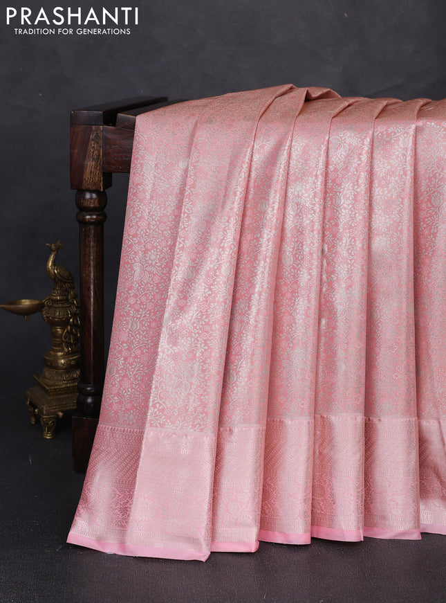 Bangalori tissue silk saree peach pink with allover zari woven brocade weaves and zari woven border