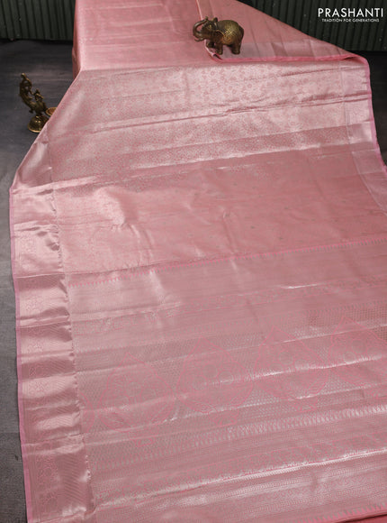 Bangalori tissue silk saree peach pink with allover zari woven brocade weaves and zari woven border