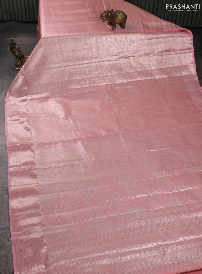 Bangalori tissue silk saree peach pink with allover zari woven brocade weaves and zari woven border