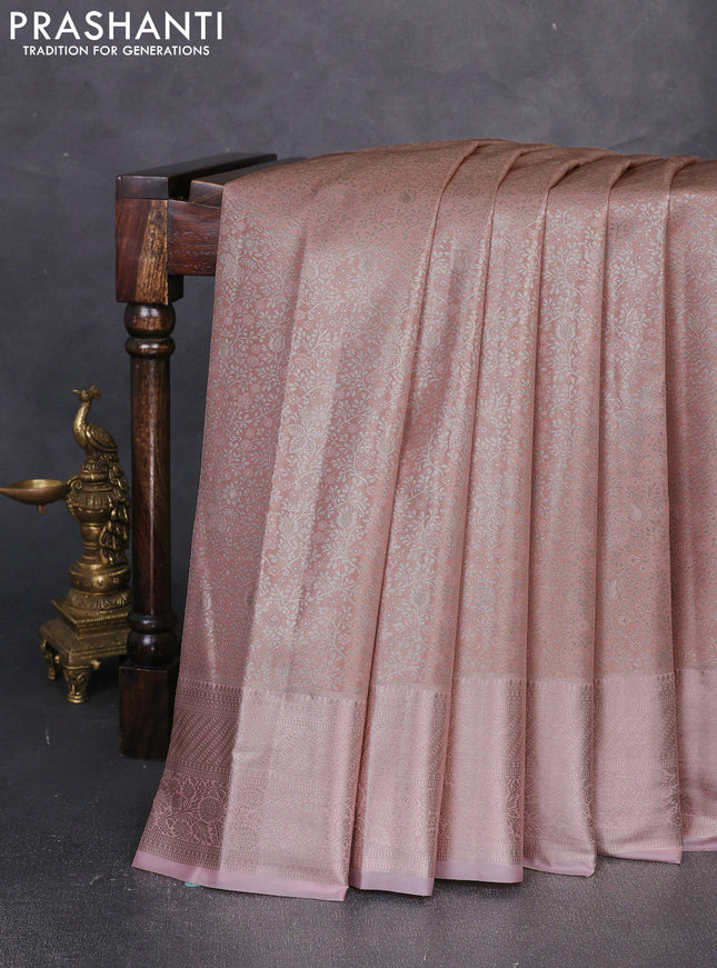 Bangalori tissue silk saree peach with allover zari woven brocade weaves and zari woven border