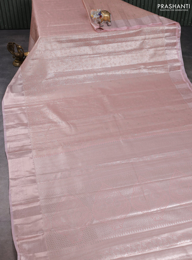Bangalori tissue silk saree peach with allover zari woven brocade weaves and zari woven border