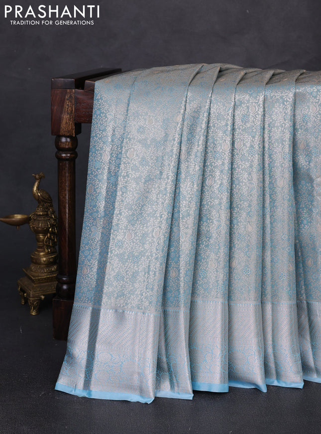 Bangalori tissue silk saree blue with allover zari woven brocade weaves and zari woven border