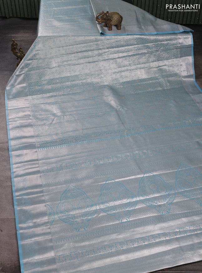 Bangalori tissue silk saree blue with allover zari woven brocade weaves and zari woven border