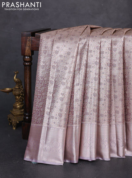 Bangalori tissue silk saree wine and grey with allover zari woven brocade weaves and zari woven border