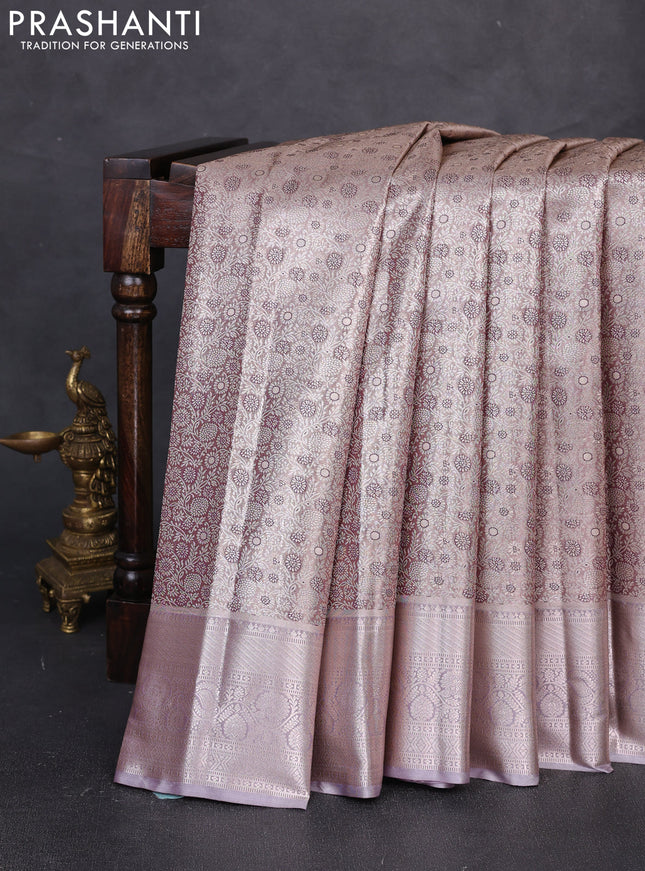 Bangalori tissue silk saree wine and grey with allover zari woven brocade weaves and zari woven border