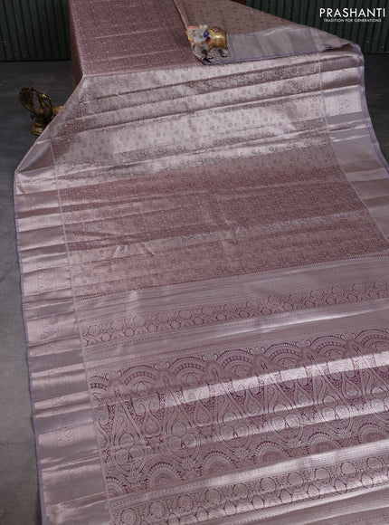 Bangalori tissue silk saree wine and grey with allover zari woven brocade weaves and zari woven border