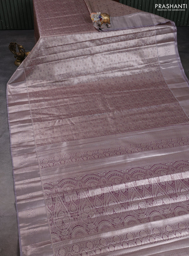 Bangalori tissue silk saree wine and grey with allover zari woven brocade weaves and zari woven border