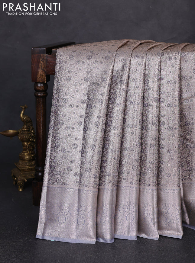 Bangalori tissue silk saree grey with allover zari woven brocade weaves and long zari woven border