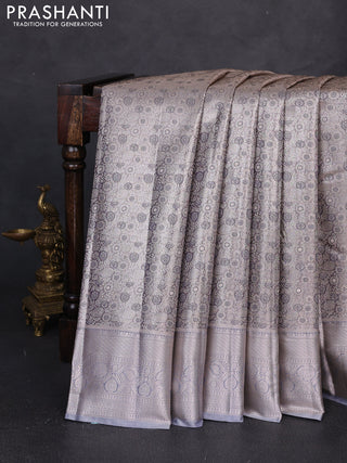 Bangalori tissue silk saree grey with allover zari woven brocade weaves and long zari woven border