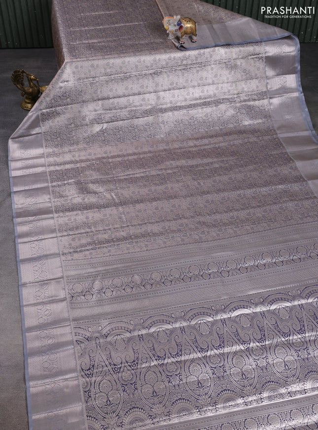 Bangalori tissue silk saree grey with allover zari woven brocade weaves and long zari woven border