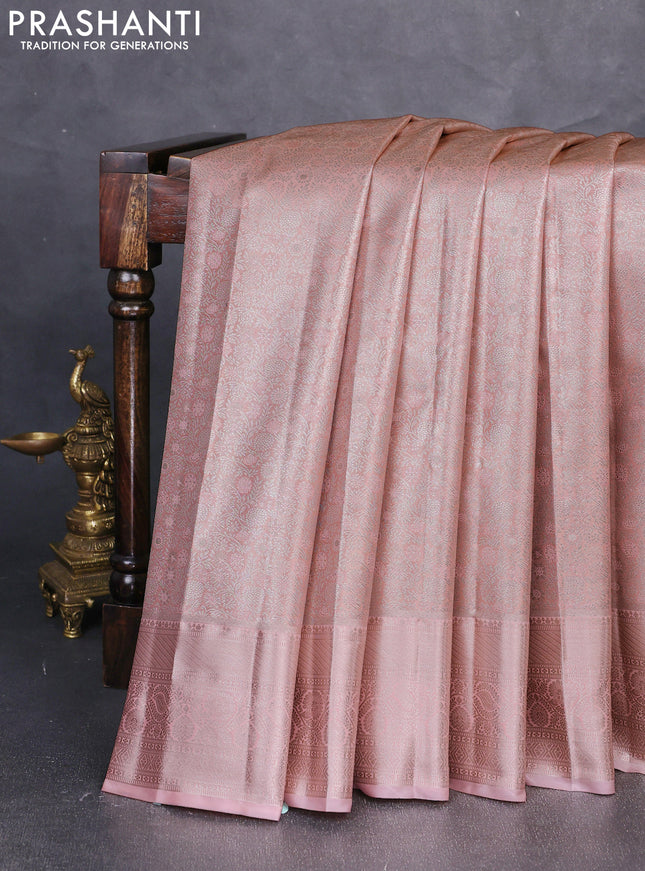 Bangalori tissue silk saree peach with allover zari woven brocade weaves and zari woven border