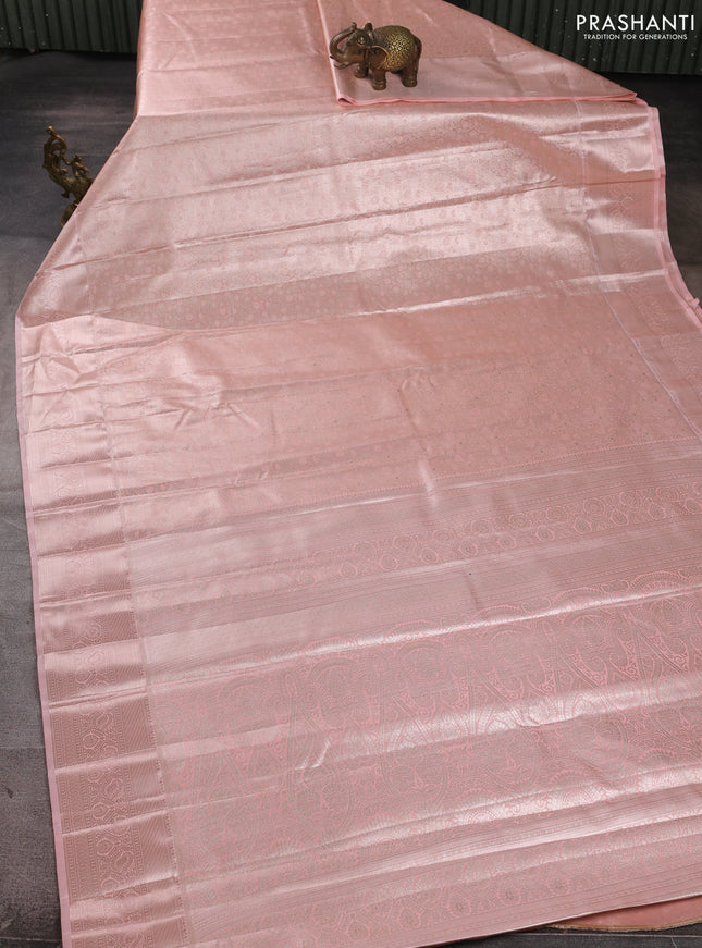 Bangalori tissue silk saree peach with allover zari woven brocade weaves and zari woven border