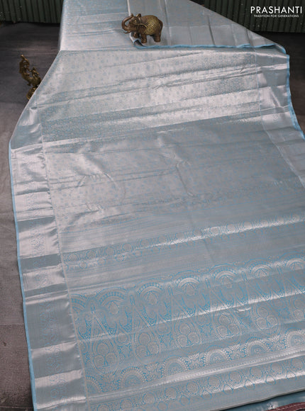 Bangalori tissue silk saree blue with allover zari woven brocade weaves and long zari woven border