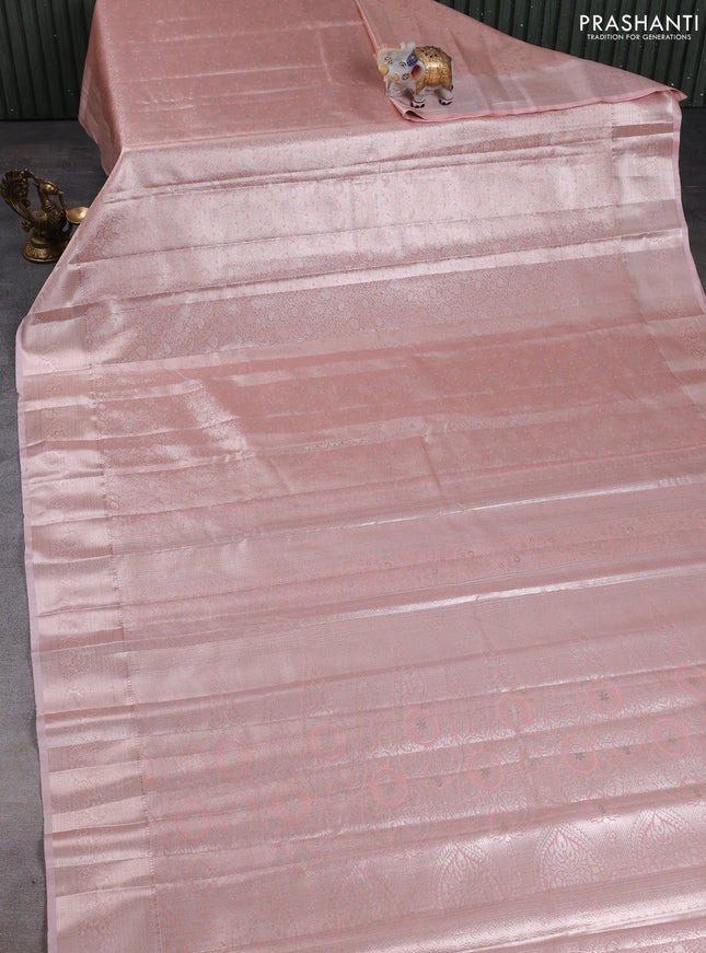 Bangalori tissue silk saree peach with allover zari woven brocade weaves and zari woven border