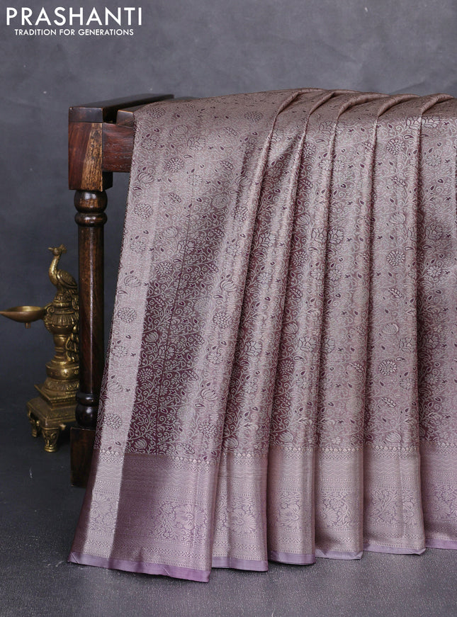 Bangalori tissue silk saree wine and pastel lavender with allover zari woven brocade weaves and zari woven border