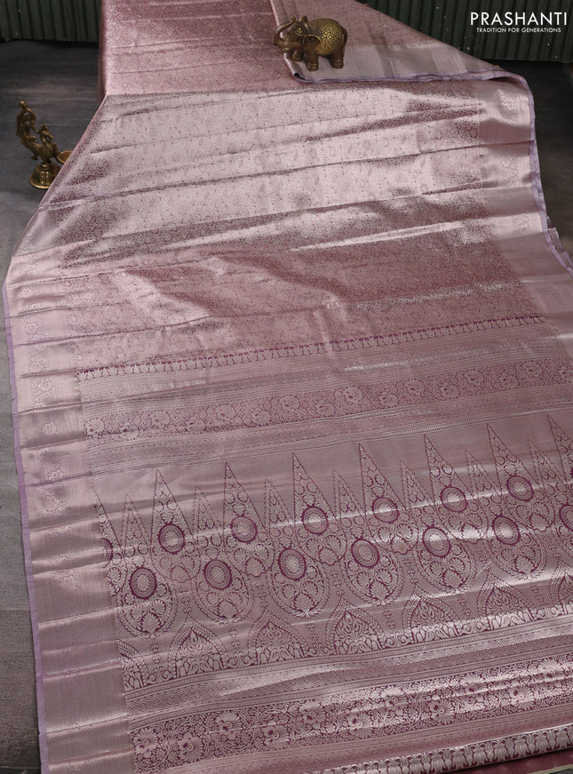 Bangalori tissue silk saree wine and pastel lavender with allover zari woven brocade weaves and zari woven border