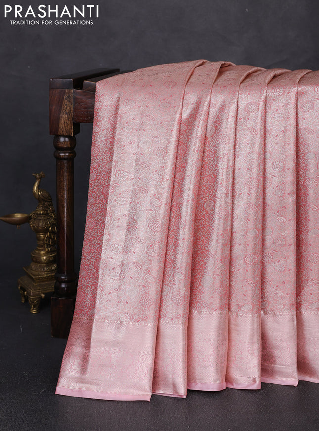 Bangalori tissue silk saree peach pink with allover zari woven brocade weaves and zari woven border