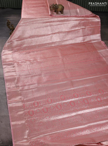 Bangalori tissue silk saree peach pink with allover zari woven brocade weaves and zari woven border