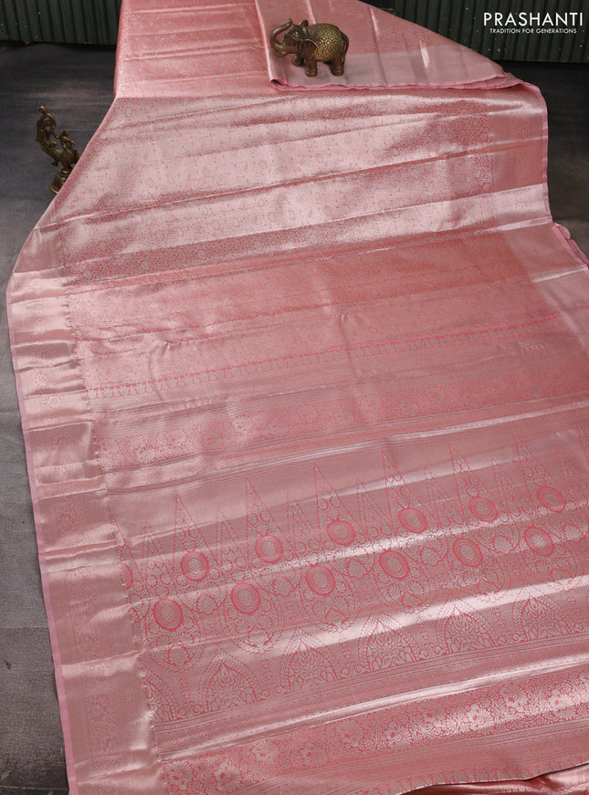 Bangalori tissue silk saree peach pink with allover zari woven brocade weaves and zari woven border