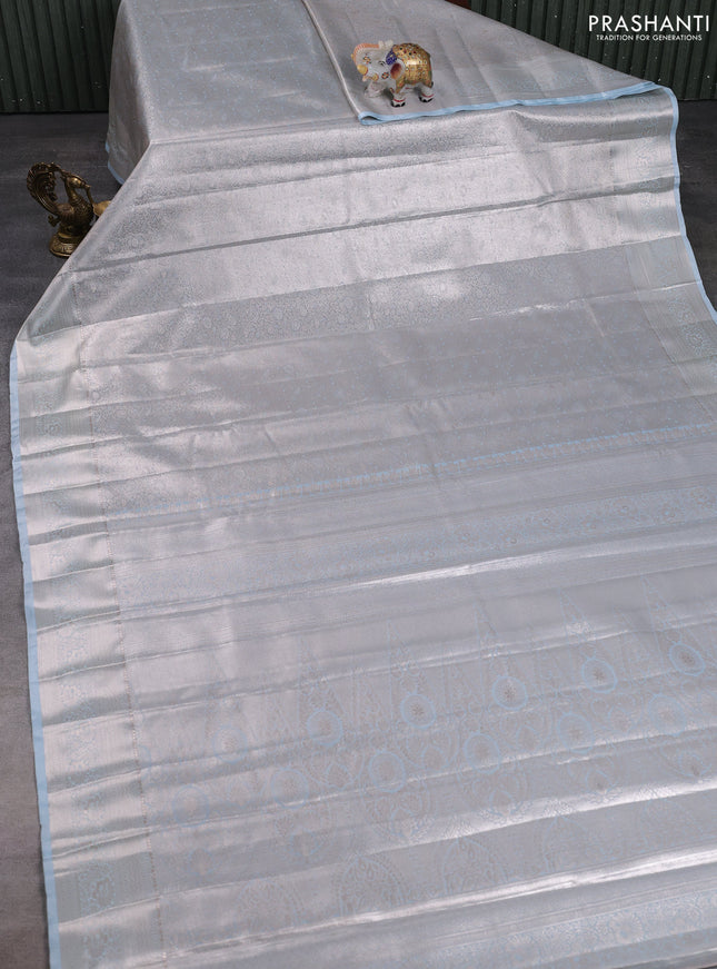 Bangalori tissue silk saree pastel blue with allover zari woven brocade weaves and zari woven border