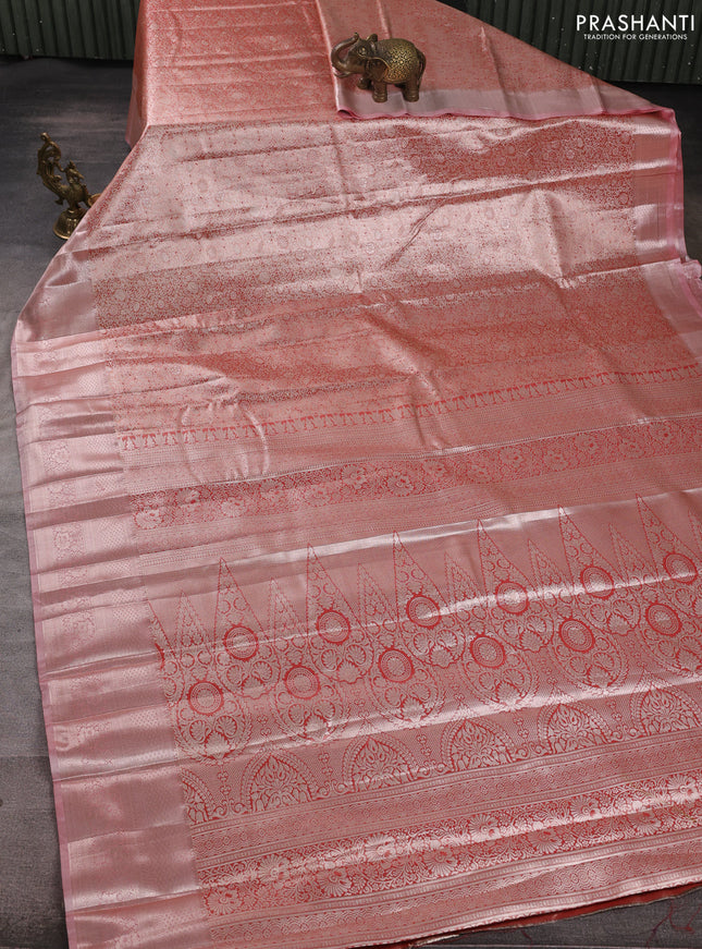 Bangalori tissue silk saree red with allover zari woven brocade weaves and long zari woven border