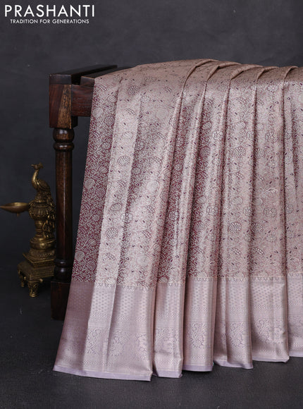 Bangalori tissue silk saree wine and grey with allover zari woven brocade weaves and long zari woven border