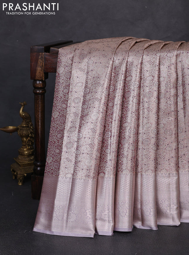 Bangalori tissue silk saree wine and grey with allover zari woven brocade weaves and long zari woven border