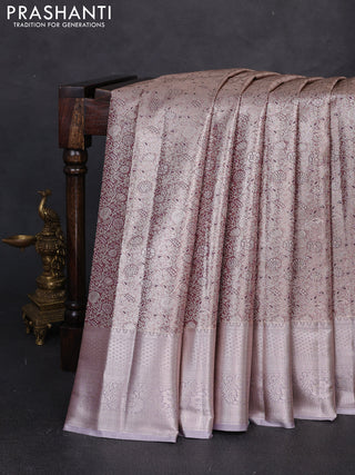 Bangalori tissue silk saree wine and grey with allover zari woven brocade weaves and long zari woven border