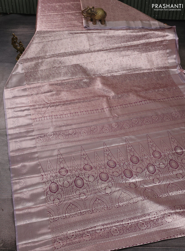 Bangalori tissue silk saree wine and grey with allover zari woven brocade weaves and long zari woven border