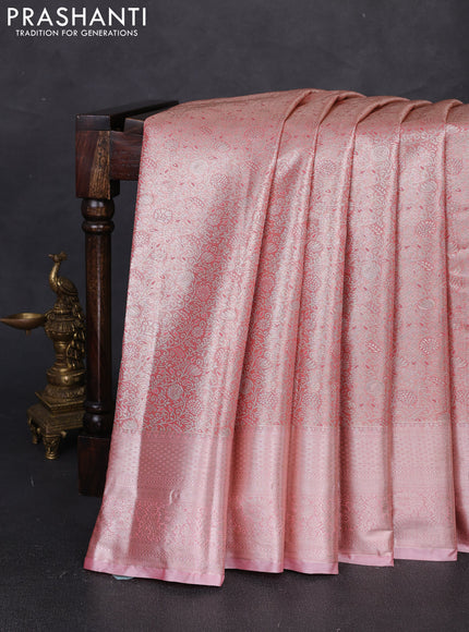 Bangalori tissue silk saree peach pink with allover zari woven brocade weaves and long zari woven border