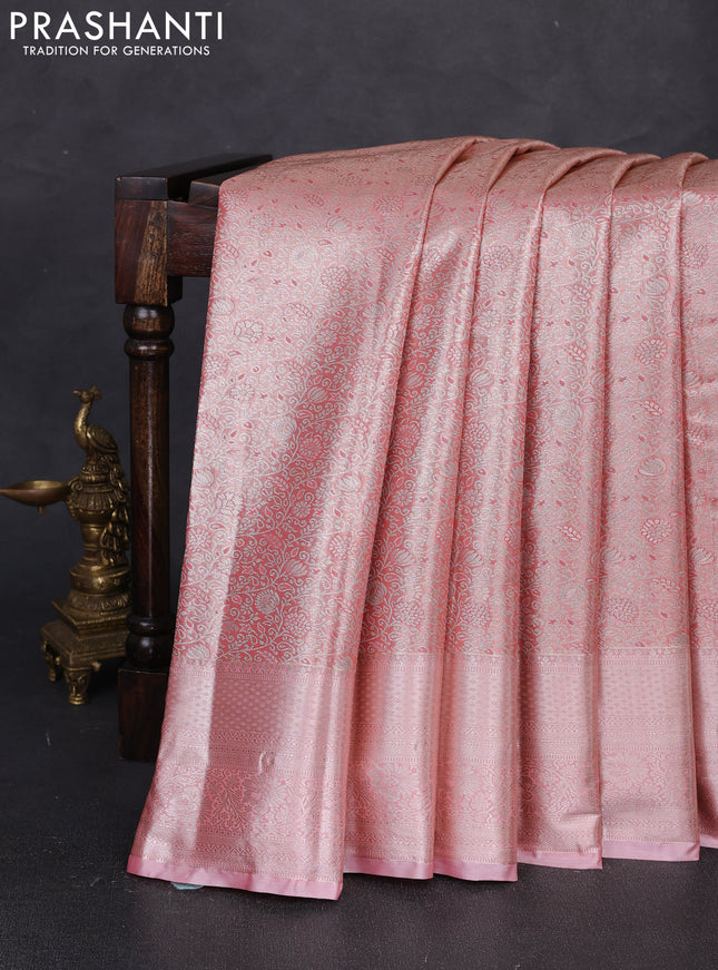 Bangalori tissue silk saree peach pink with allover zari woven brocade weaves and long zari woven border