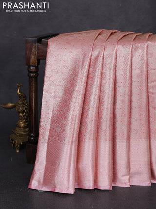 Bangalori tissue silk saree peach pink with allover zari woven brocade weaves and long zari woven border