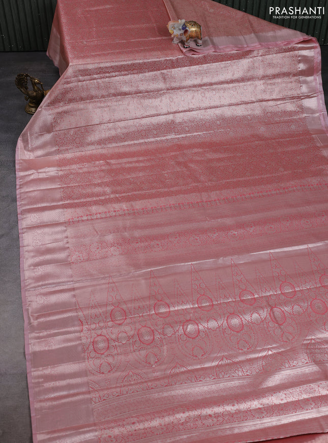 Bangalori tissue silk saree peach pink with allover zari woven brocade weaves and long zari woven border