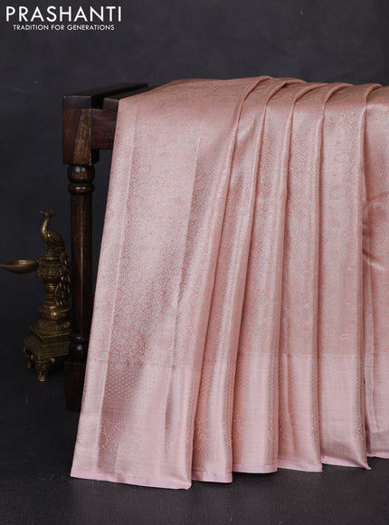 Bangalori tissue silk saree peach with allover zari woven brocade weaves and zari woven border