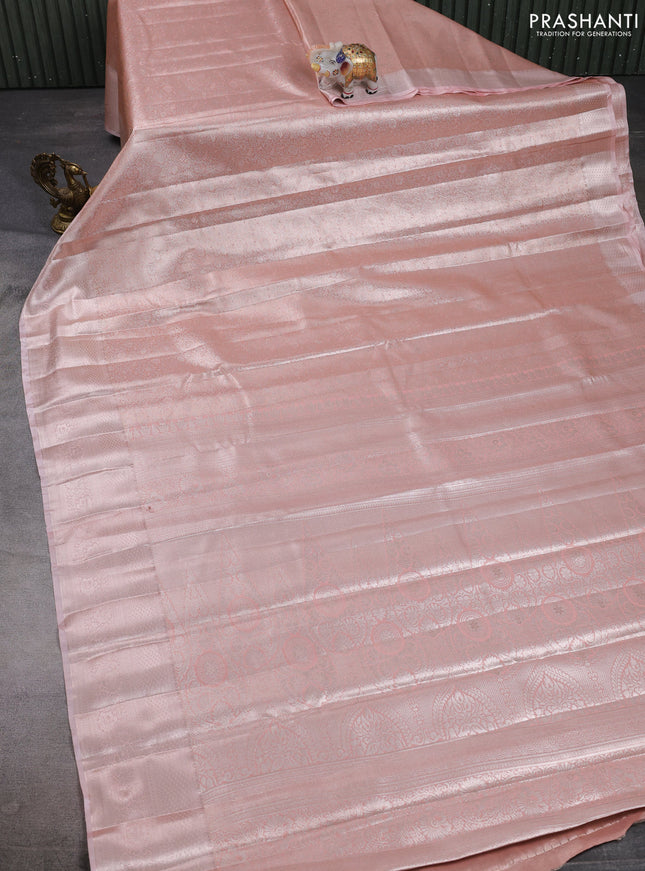 Bangalori tissue silk saree peach with allover zari woven brocade weaves and zari woven border