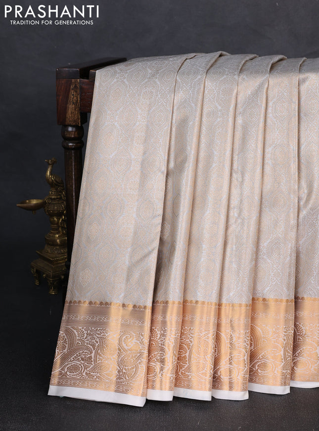 Bangalori tissue silk saree grey and off white with allover zari woven brocade weaves and zari woven border