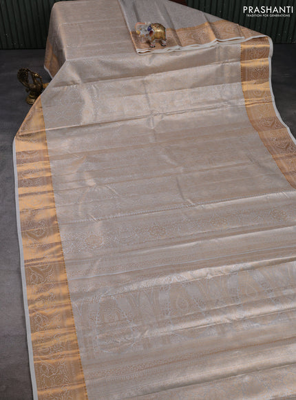 Bangalori tissue silk saree grey and off white with allover zari woven brocade weaves and zari woven border