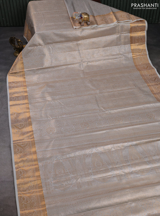 Bangalori tissue silk saree grey and off white with allover zari woven brocade weaves and zari woven border