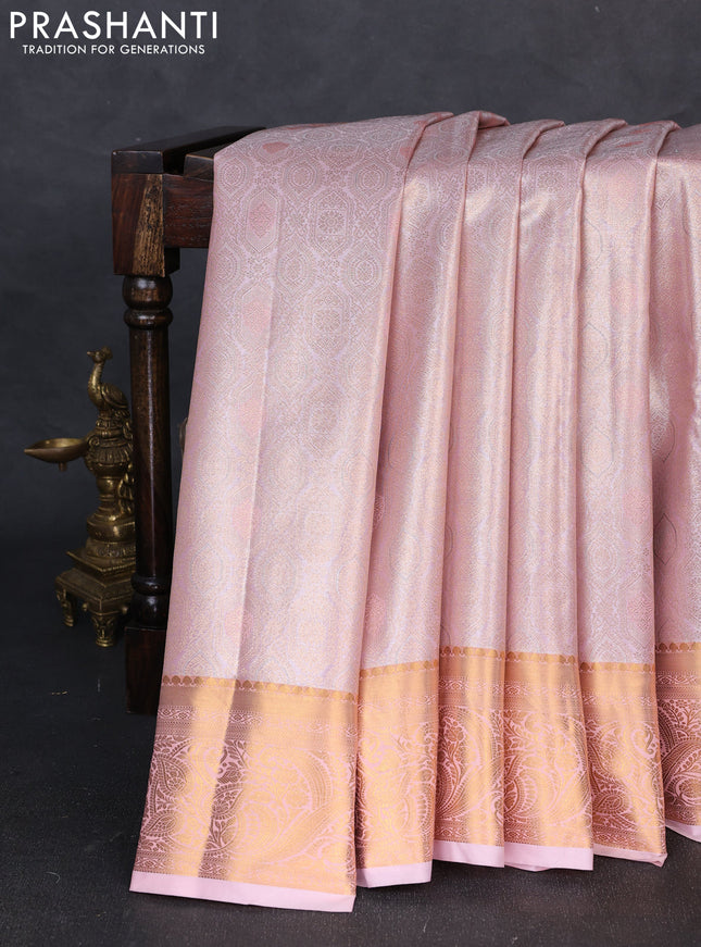 Bangalori tissue silk saree lotus pink with allover zari woven brocade weaves and zari woven border