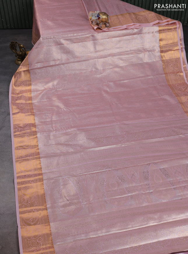 Bangalori tissue silk saree lotus pink with allover zari woven brocade weaves and zari woven border