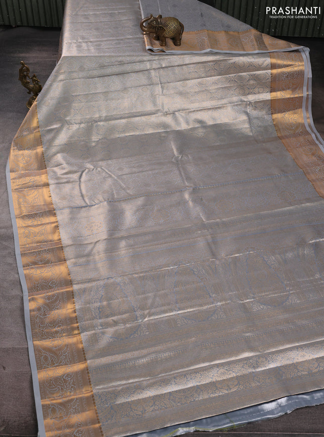 Bangalori tissue silk saree grey with allover zari woven brocade weaves and zari woven border