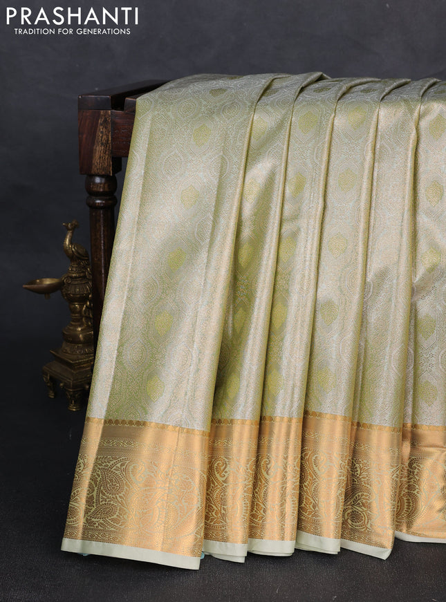 Bangalori tissue silk saree pista green with allover zari woven brocade weaves and zari woven border