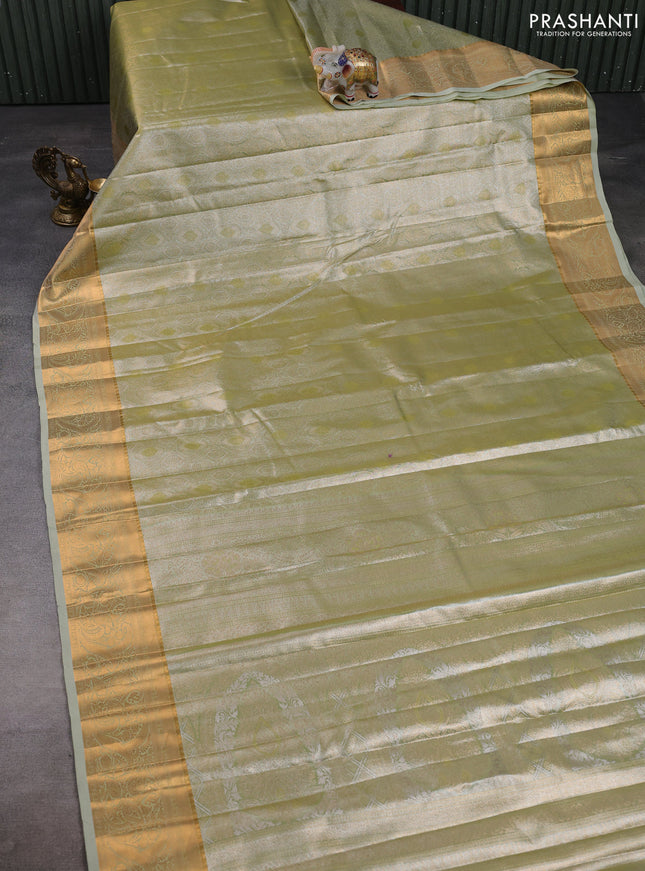 Bangalori tissue silk saree pista green with allover zari woven brocade weaves and zari woven border