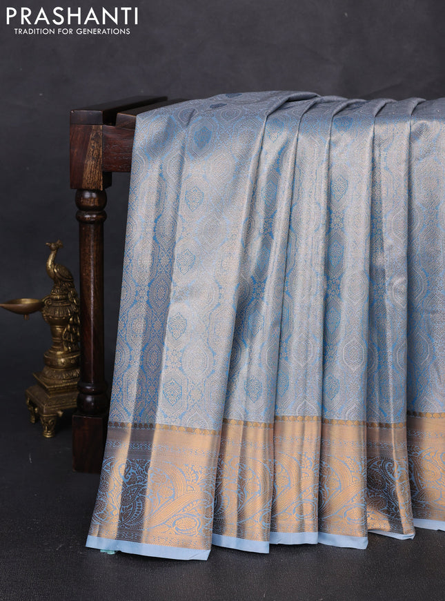 Bangalori tissue silk saree blue with allover zari woven brocade weaves and zari woven border